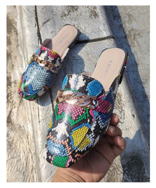 SQUARE TOE CHAIN MULE SLIDES