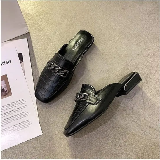 SQUARE TOE CHAIN MULE SLIDES