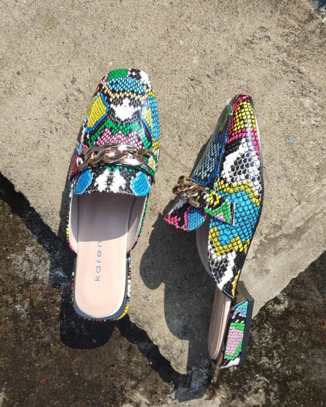 SQUARE TOE CHAIN MULE SLIDES