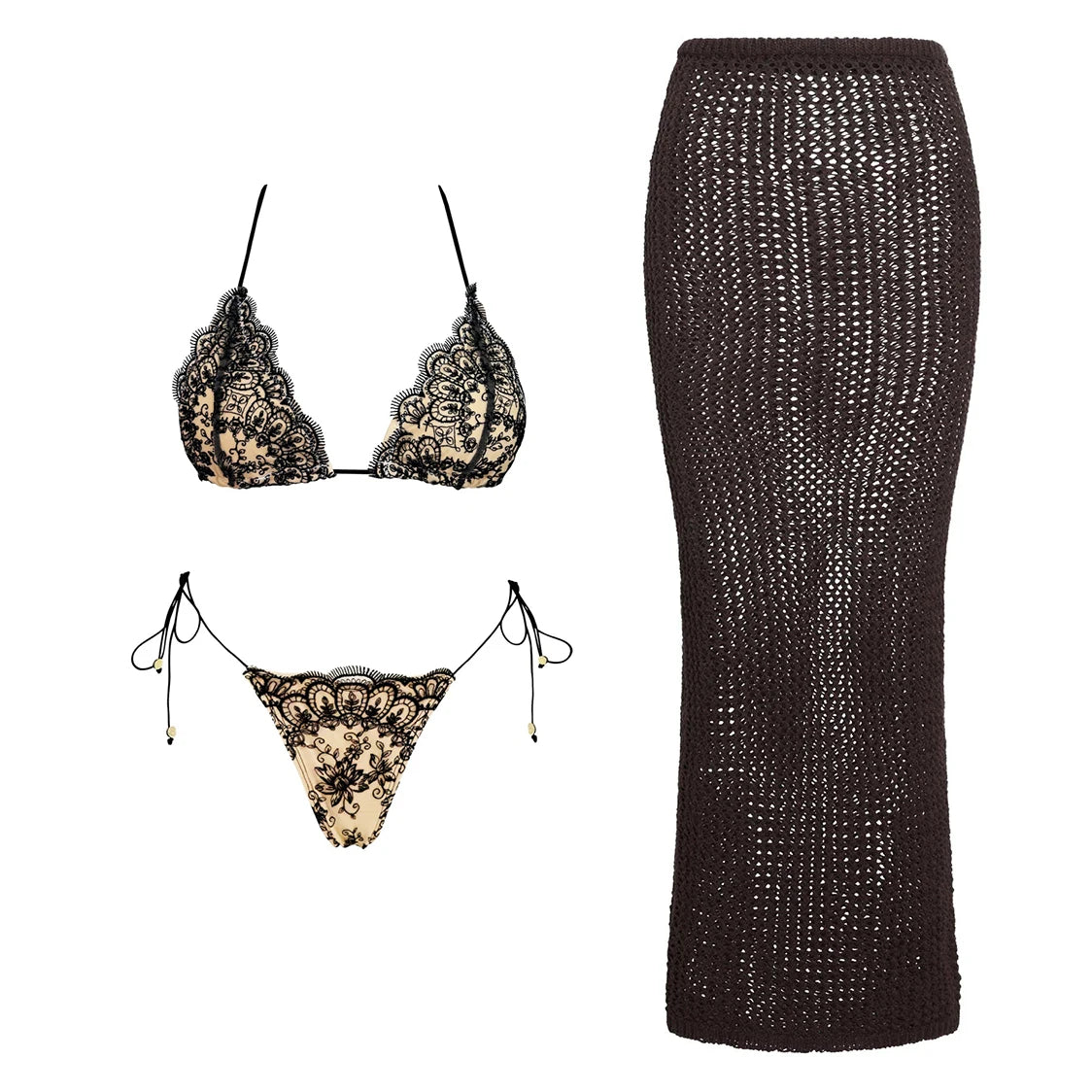 LACE BIKINI MESH SKIRT 3 PIECE SET