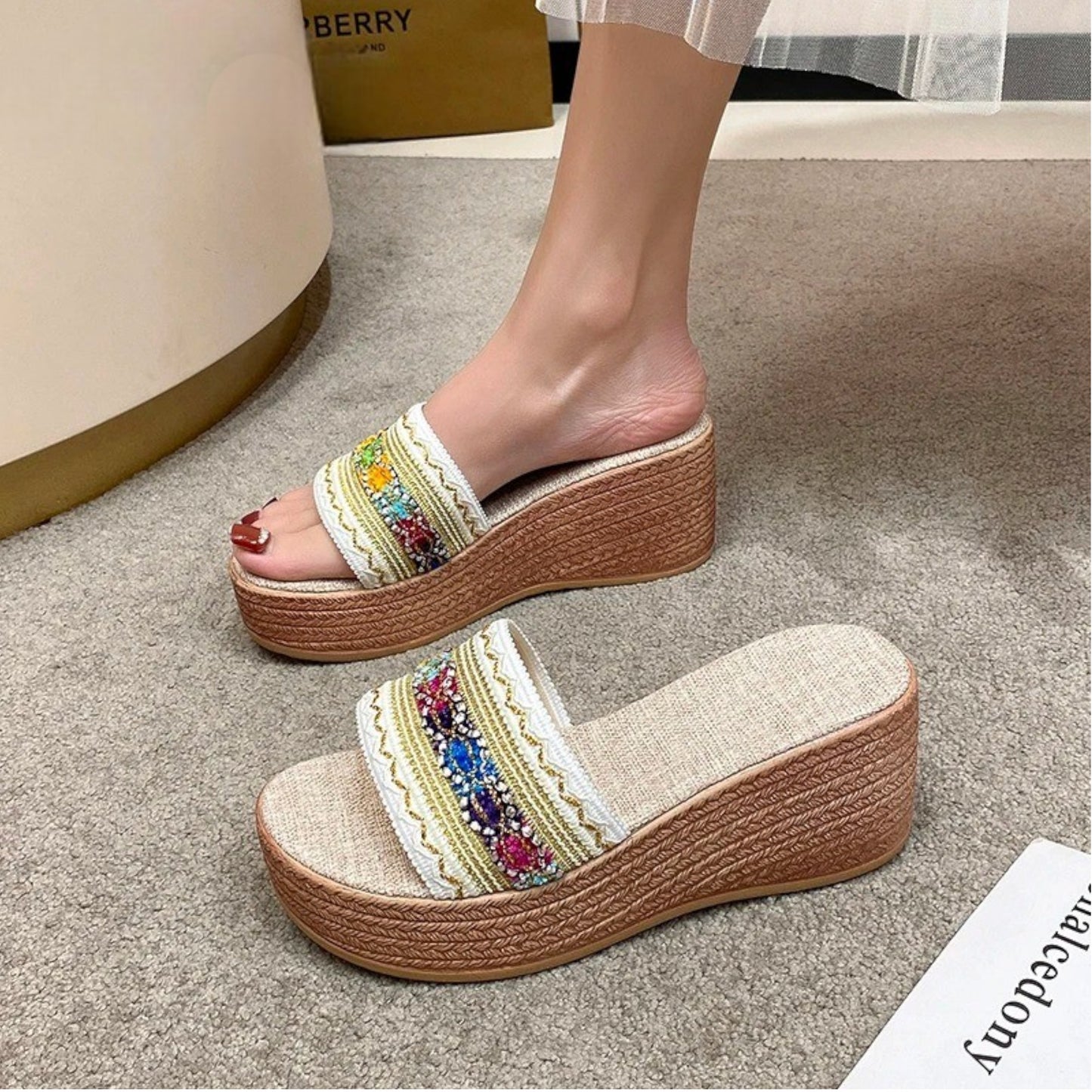 STRIPED WEDGE HEEL SANDALS