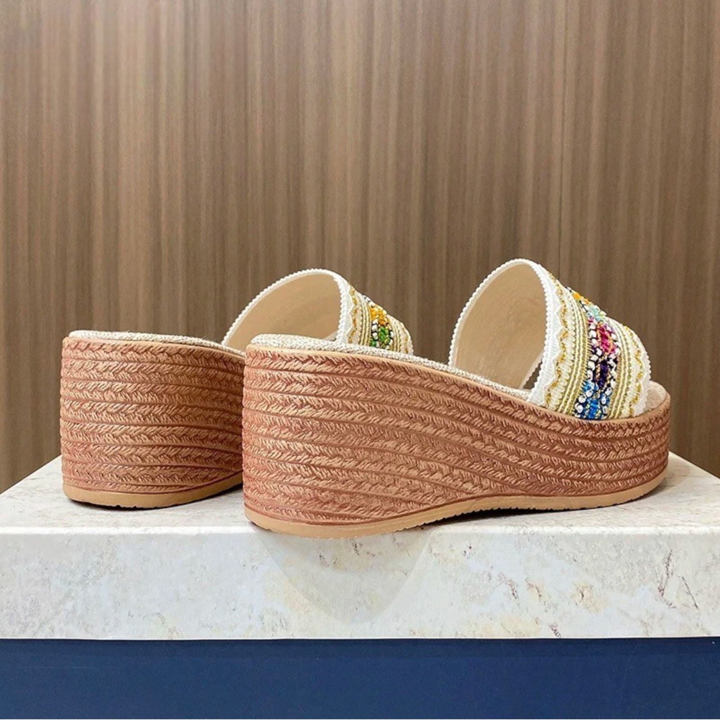 STRIPED WEDGE HEEL SANDALS