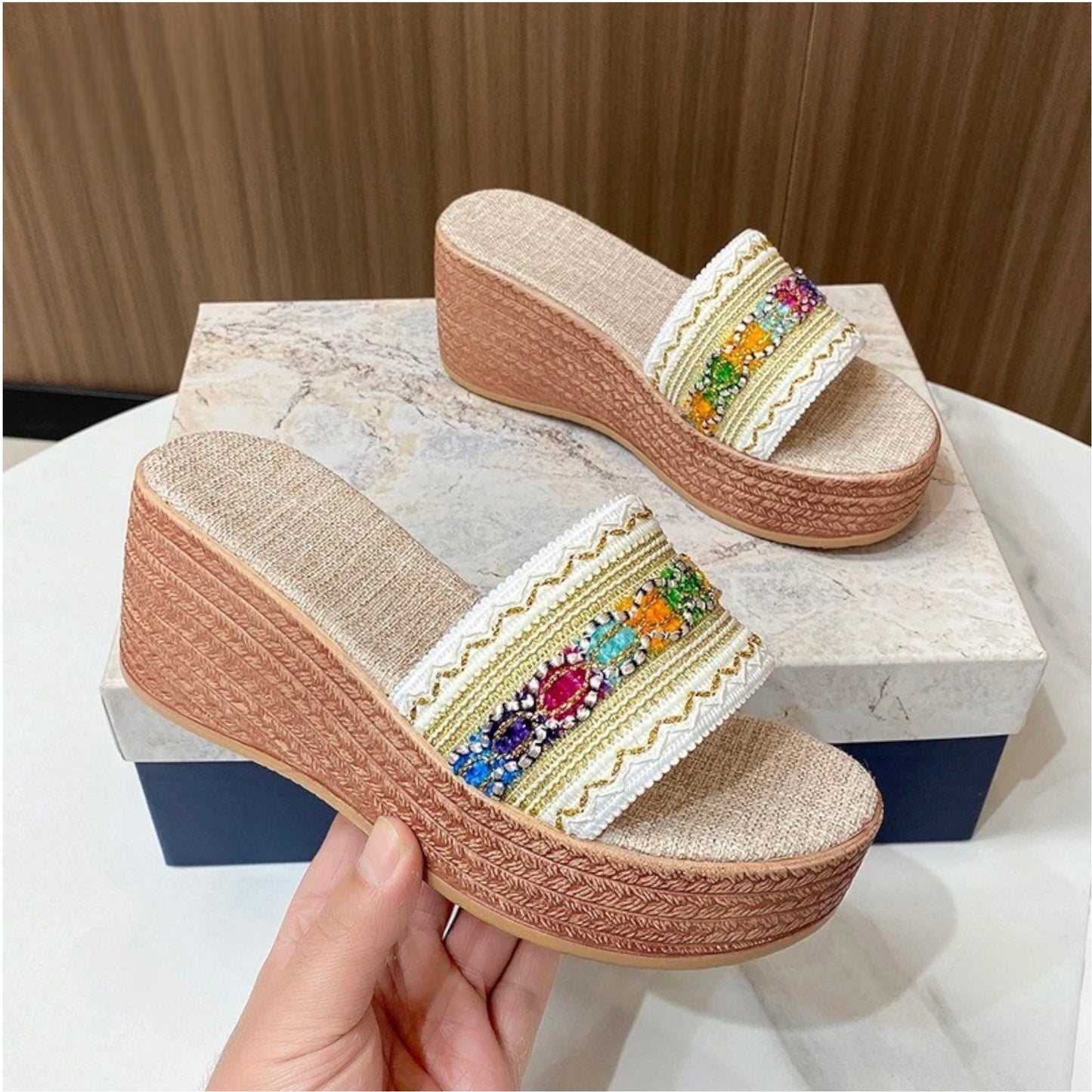 STRIPED WEDGE HEEL SANDALS