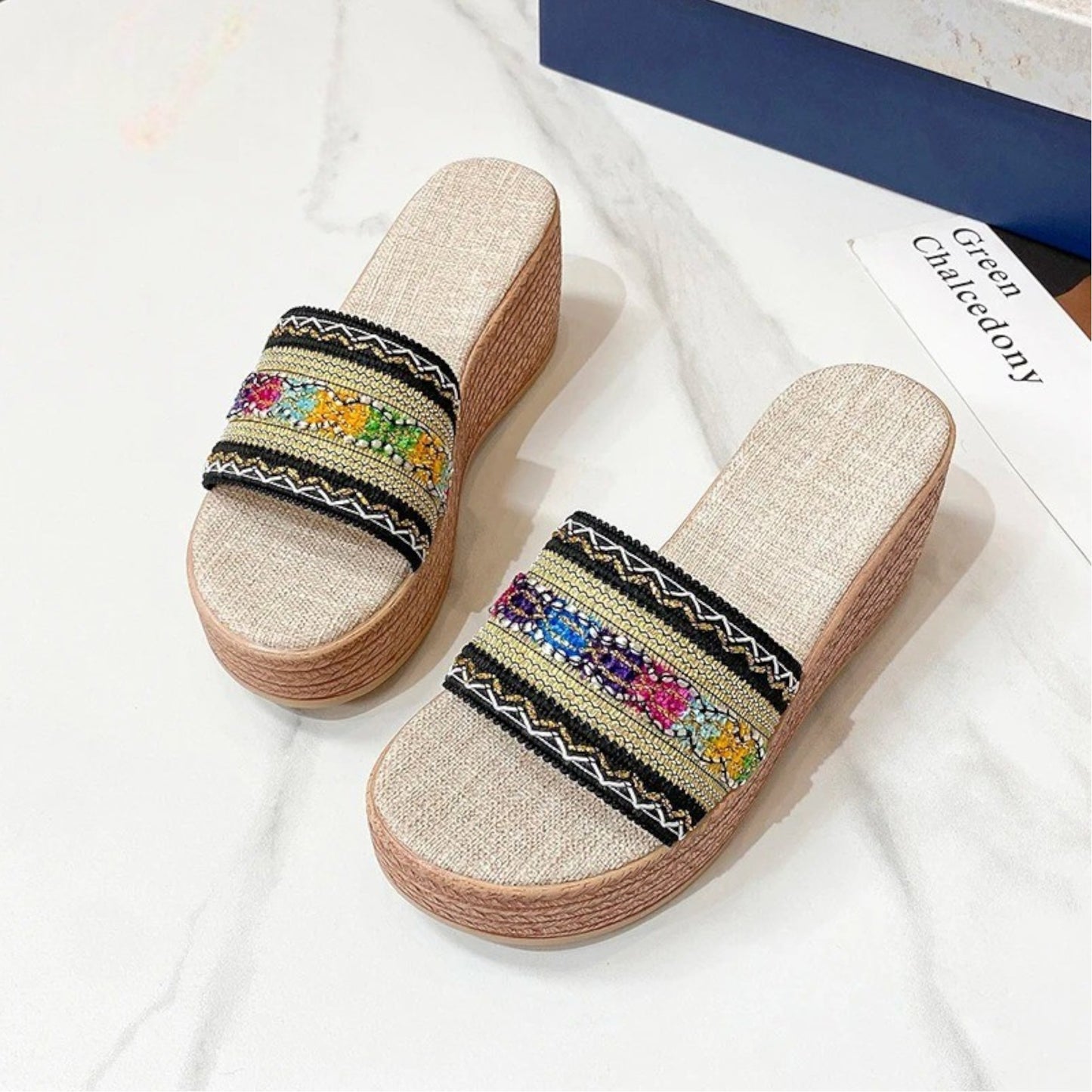 STRIPED WEDGE HEEL SANDALS