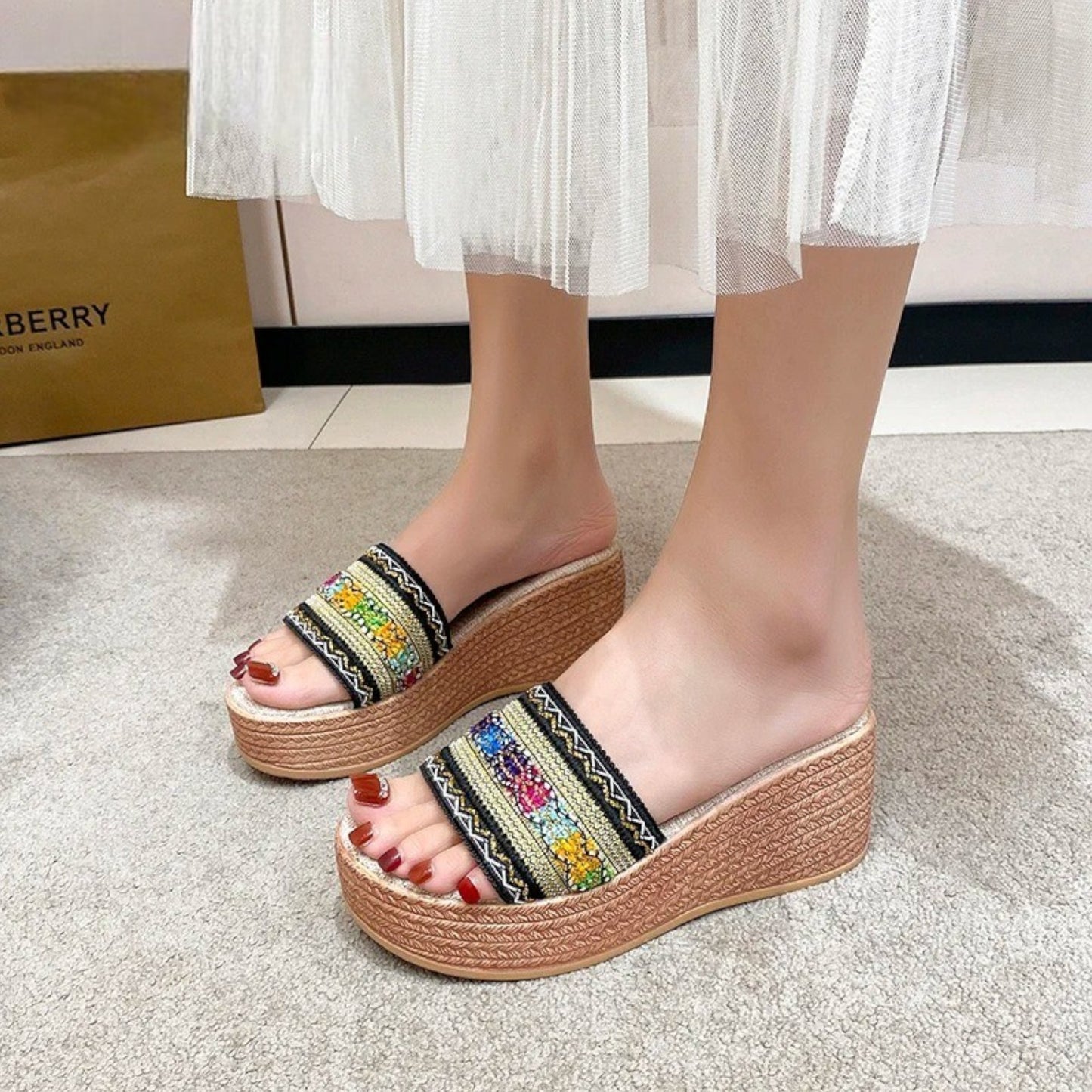 STRIPED WEDGE HEEL SANDALS
