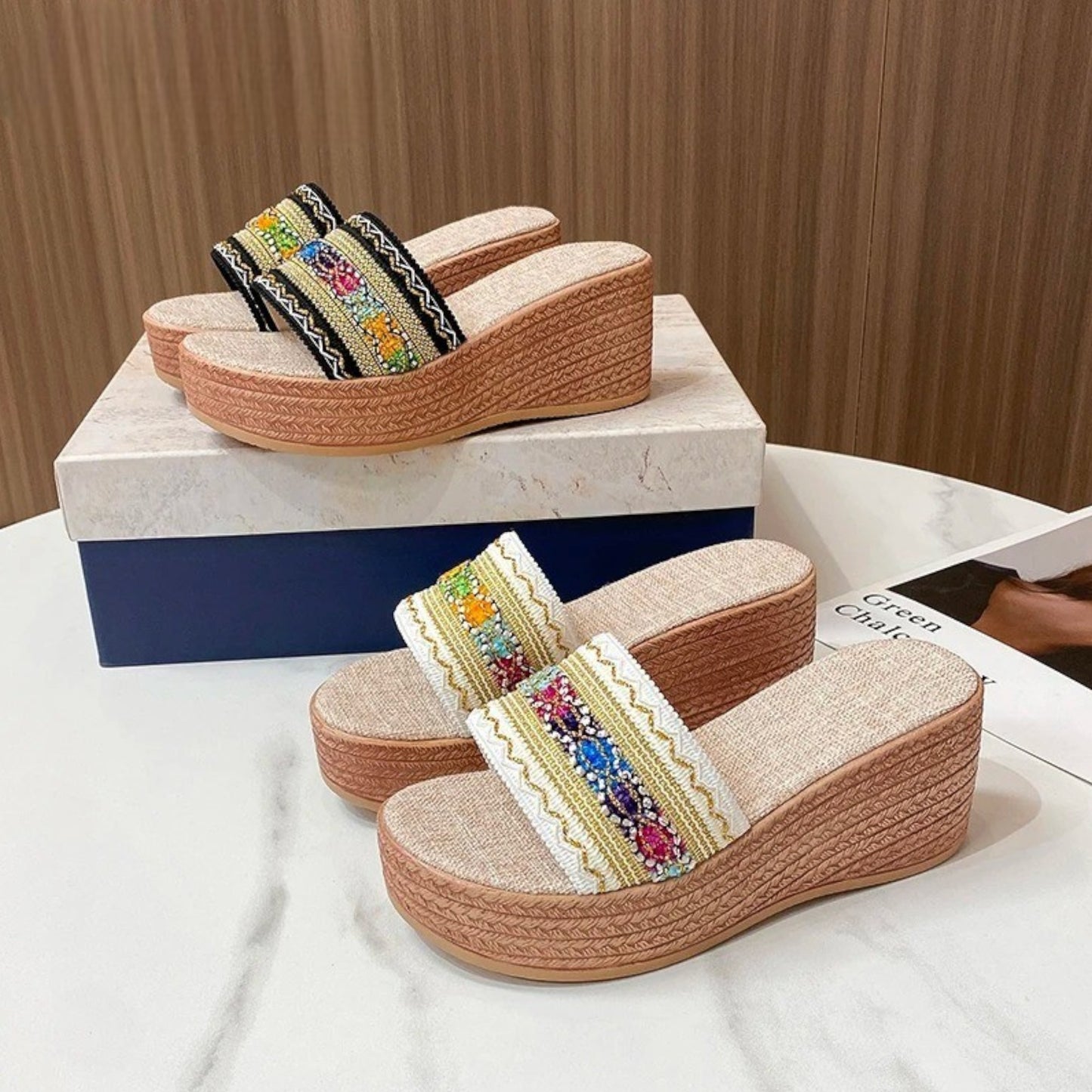 STRIPED WEDGE HEEL SANDALS