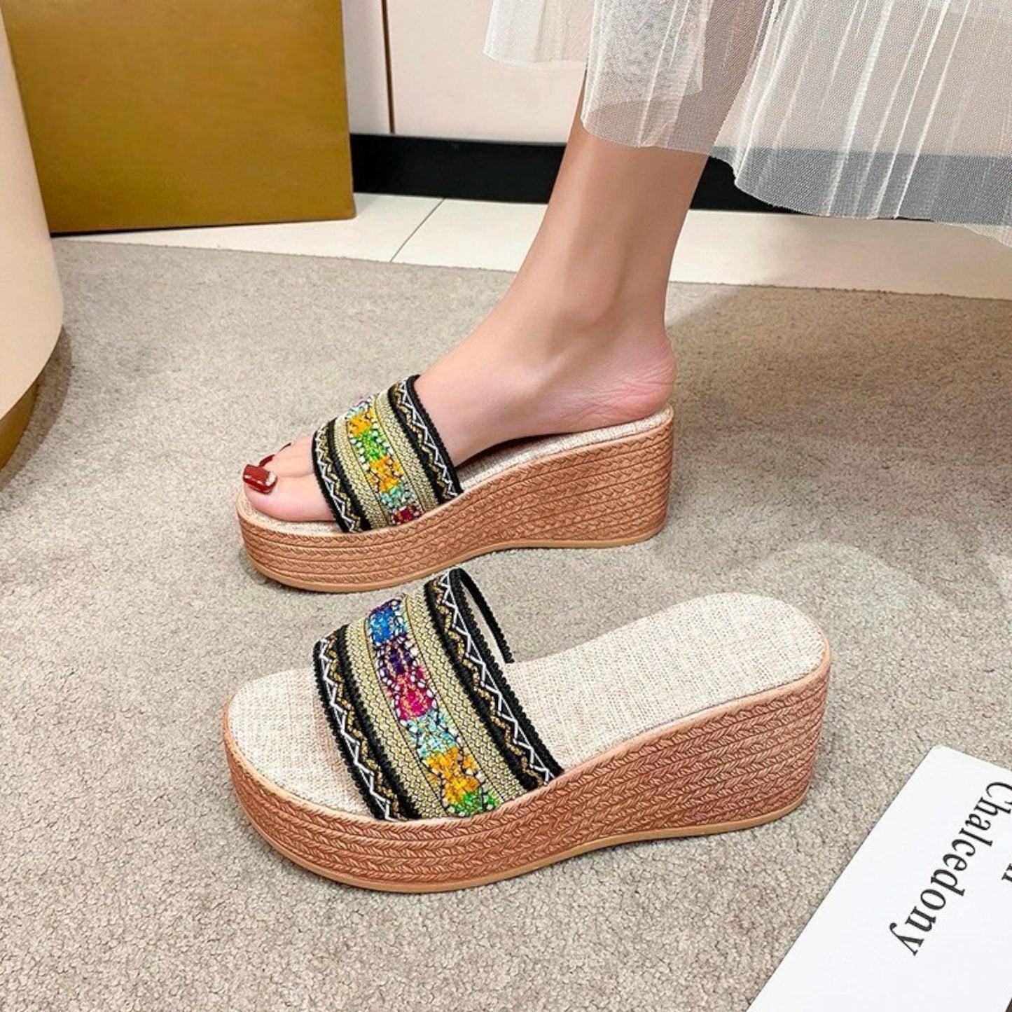 STRIPED WEDGE HEEL SANDALS