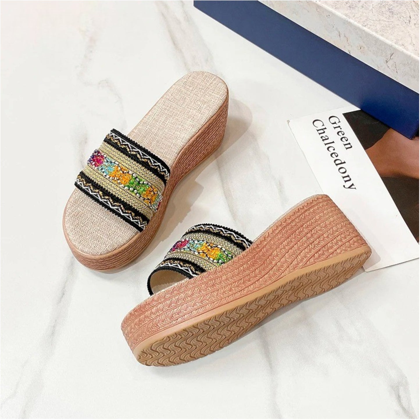 STRIPED WEDGE HEEL SANDALS