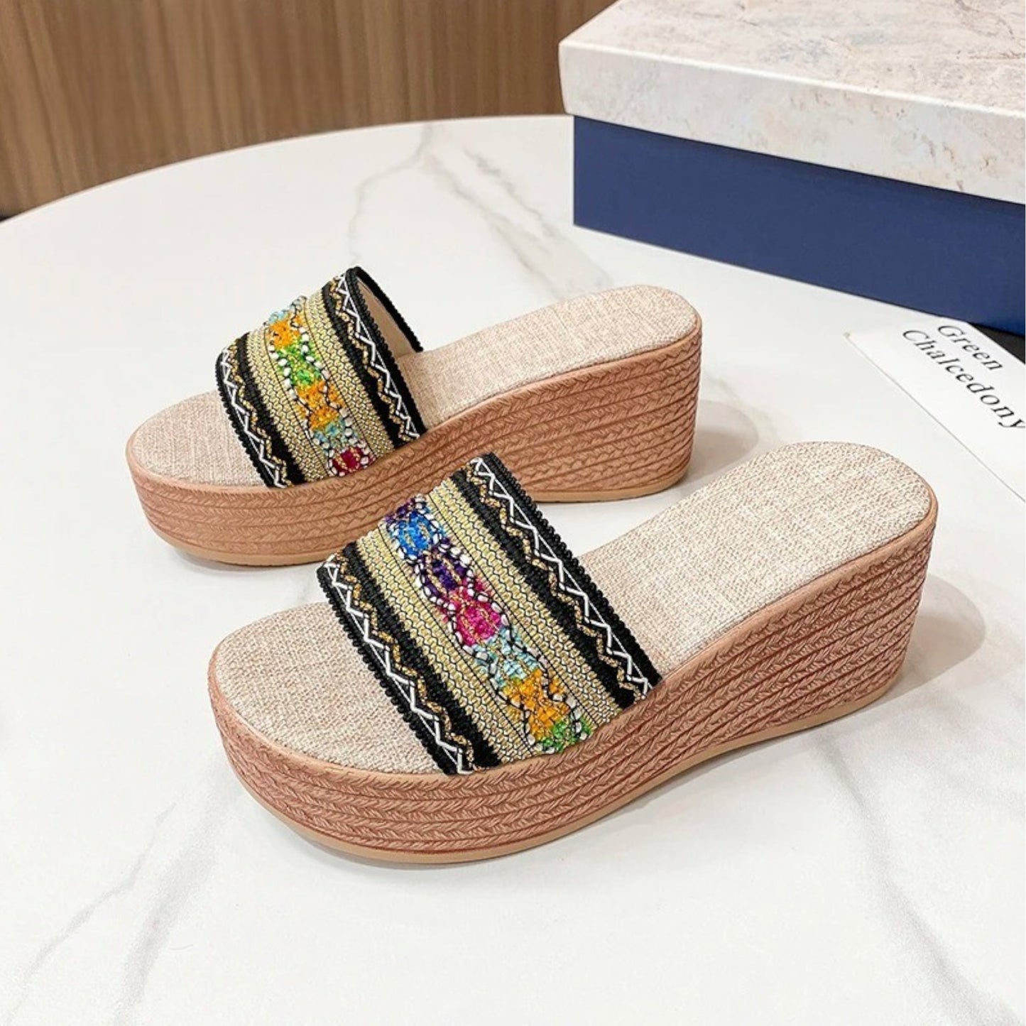 STRIPED WEDGE HEEL SANDALS