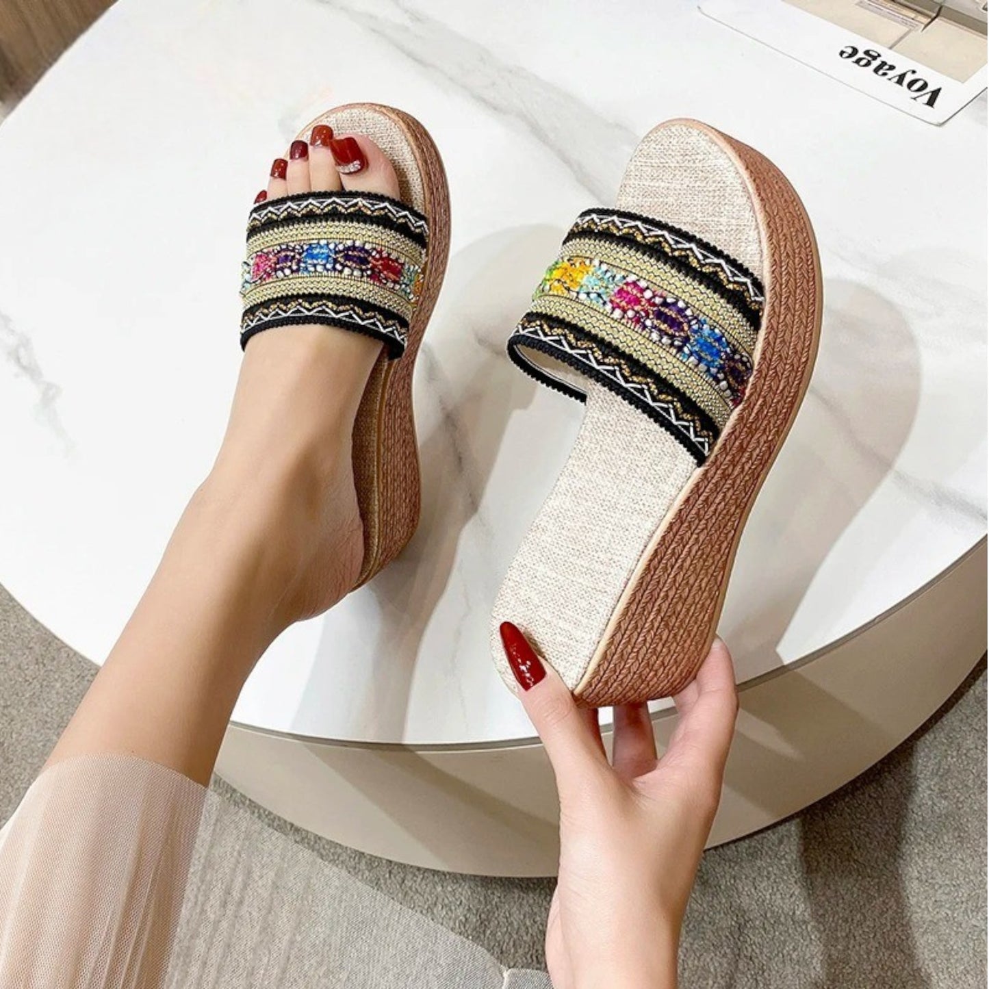 STRIPED WEDGE HEEL SANDALS