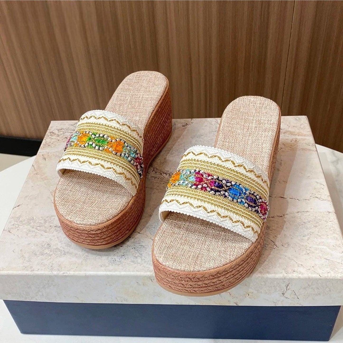 STRIPED WEDGE HEEL SANDALS