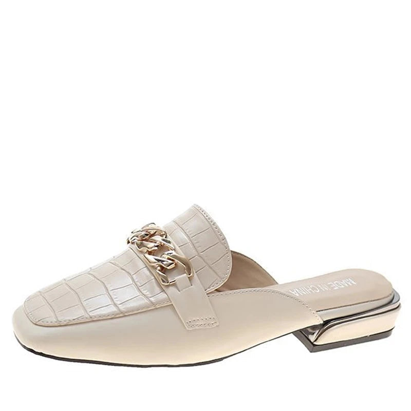 SQUARE TOE CHAIN MULE SLIDES