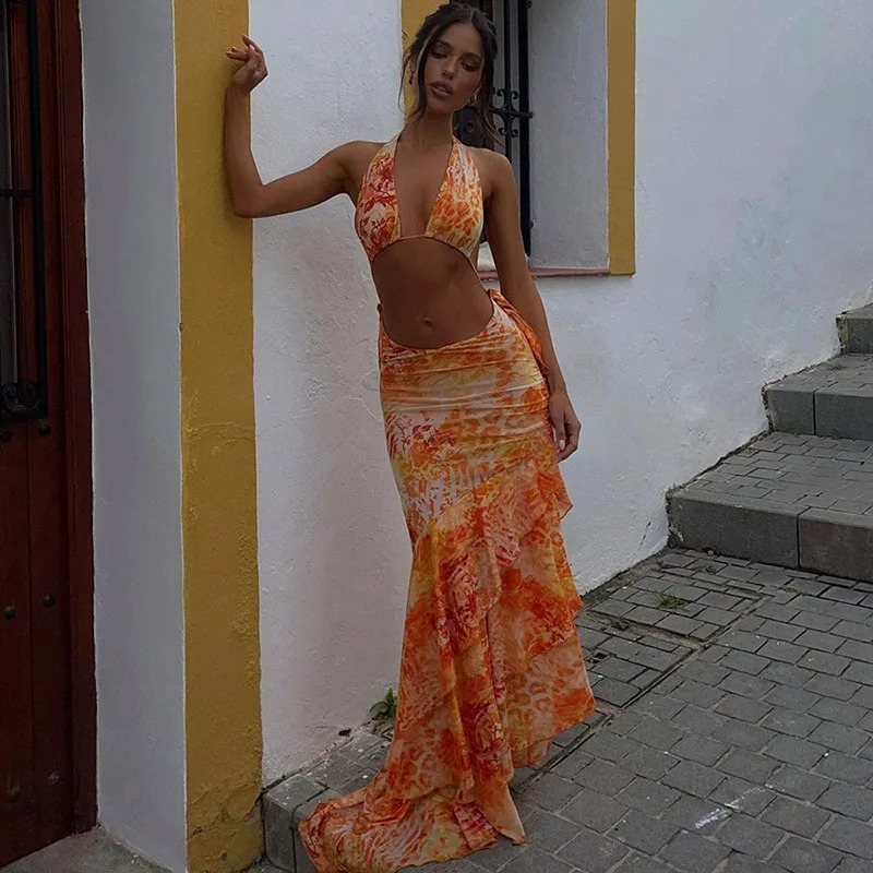 HALTER LONG RUFFLE SKIRT SET