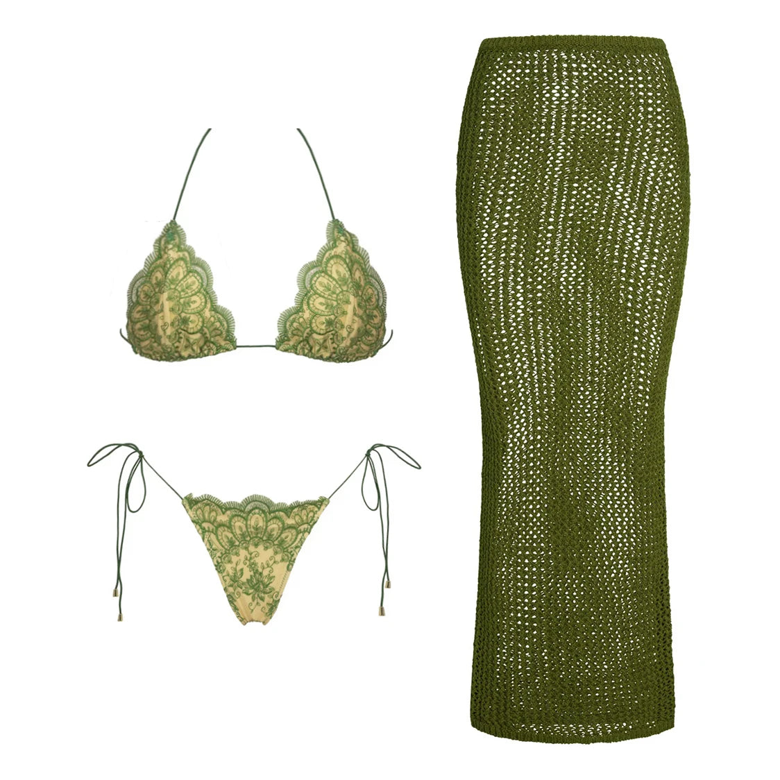 LACE BIKINI MESH SKIRT 3 PIECE SET