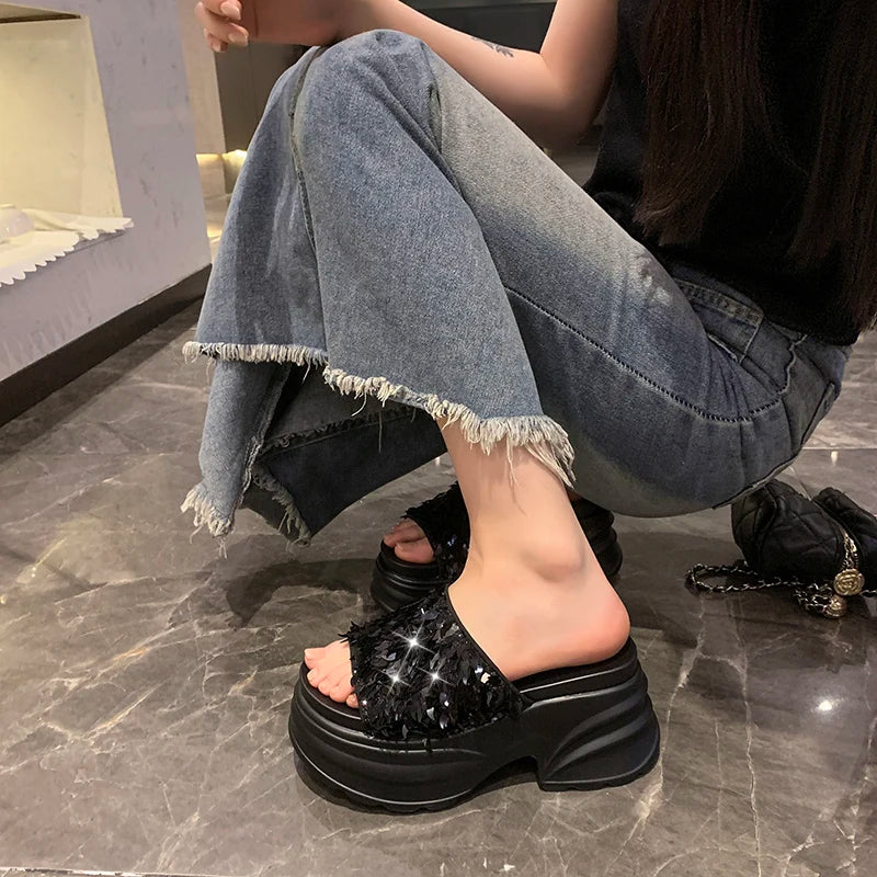 HIGH WEDGE SEQUIN LUX SANDALS