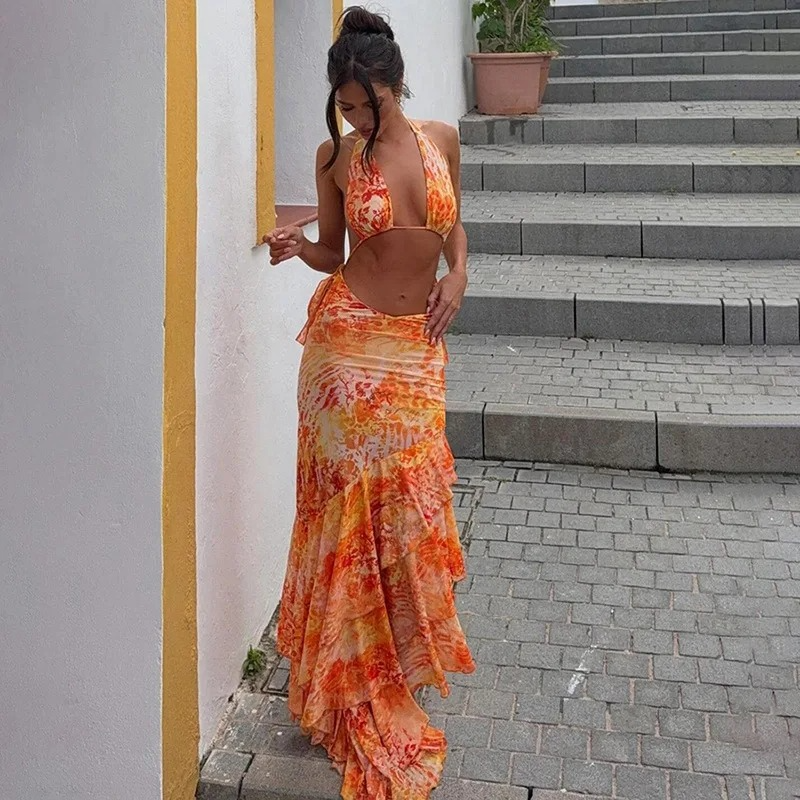 HALTER LONG RUFFLE SKIRT SET