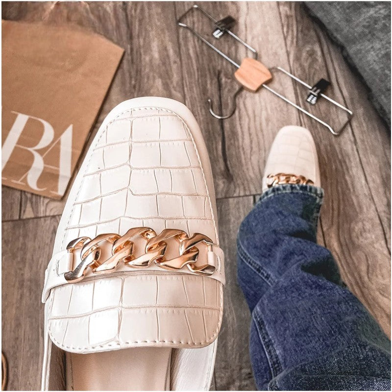 SQUARE TOE CHAIN MULE SLIDES