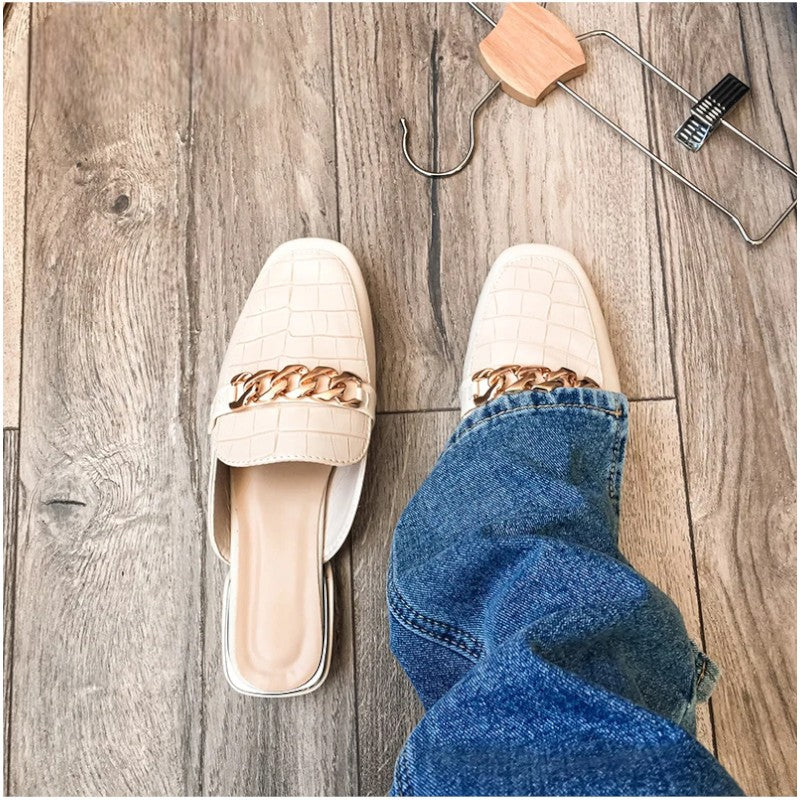 SQUARE TOE CHAIN MULE SLIDES