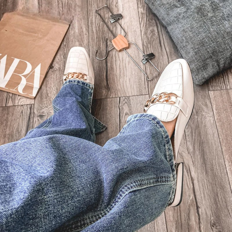 SQUARE TOE CHAIN MULE SLIDES
