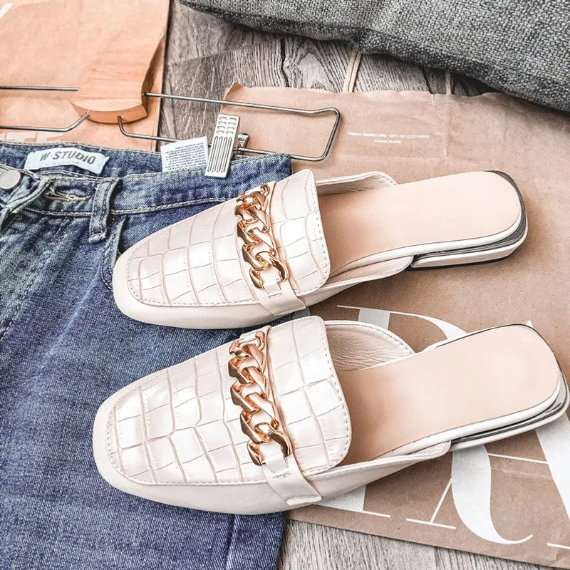 SQUARE TOE CHAIN MULE SLIDES