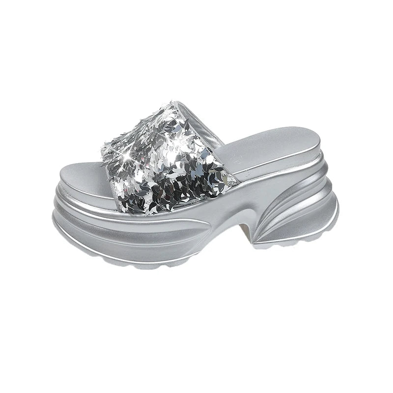 HIGH WEDGE SEQUIN LUX SANDALS