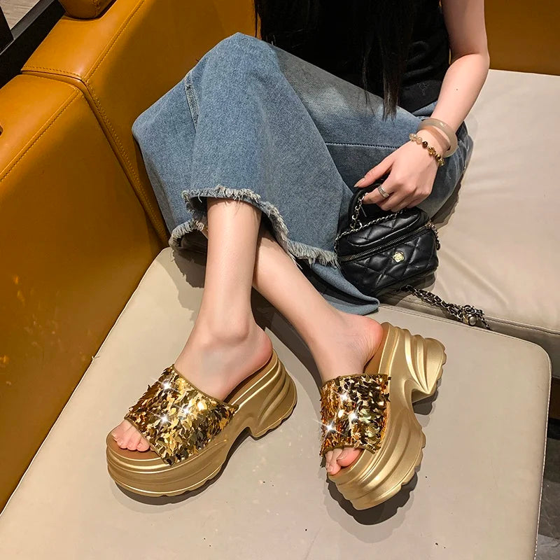 HIGH WEDGE SEQUIN LUX SANDALS