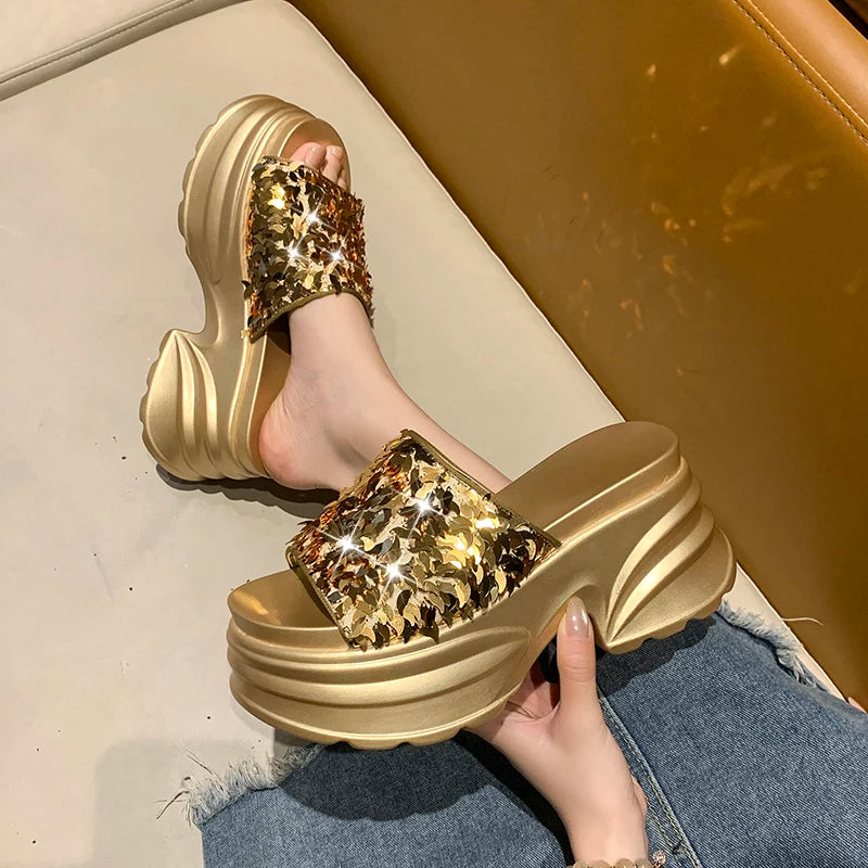HIGH WEDGE SEQUIN LUX SANDALS