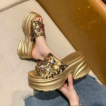 HIGH WEDGE SEQUIN LUX SANDALS