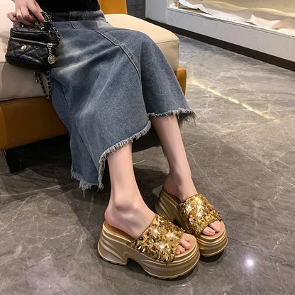HIGH WEDGE SEQUIN LUX SANDALS