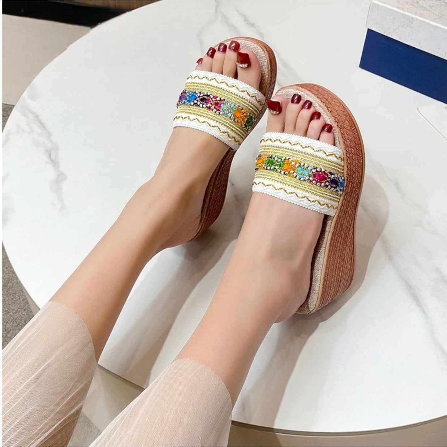 STRIPED WEDGE HEEL SANDALS