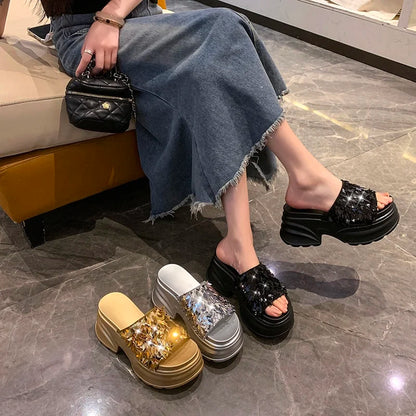 HIGH WEDGE SEQUIN LUX SANDALS
