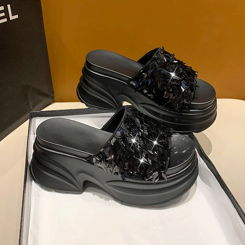 HIGH WEDGE SEQUIN LUX SANDALS