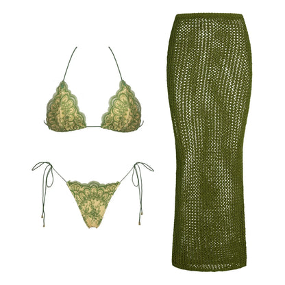 LACE BIKINI MESH SKIRT 3 PIECE SET