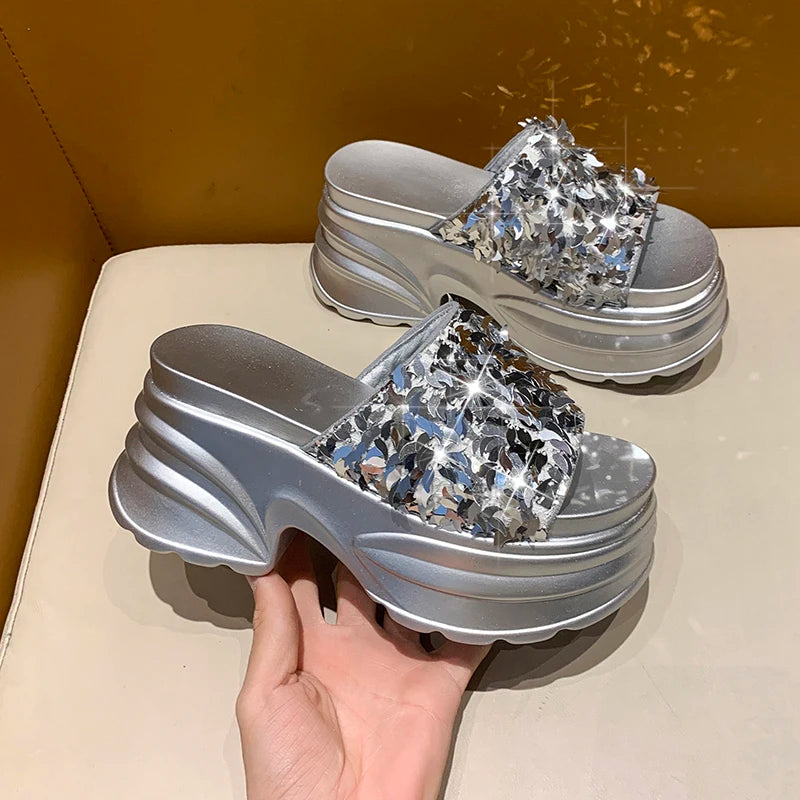 HIGH WEDGE SEQUIN LUX SANDALS