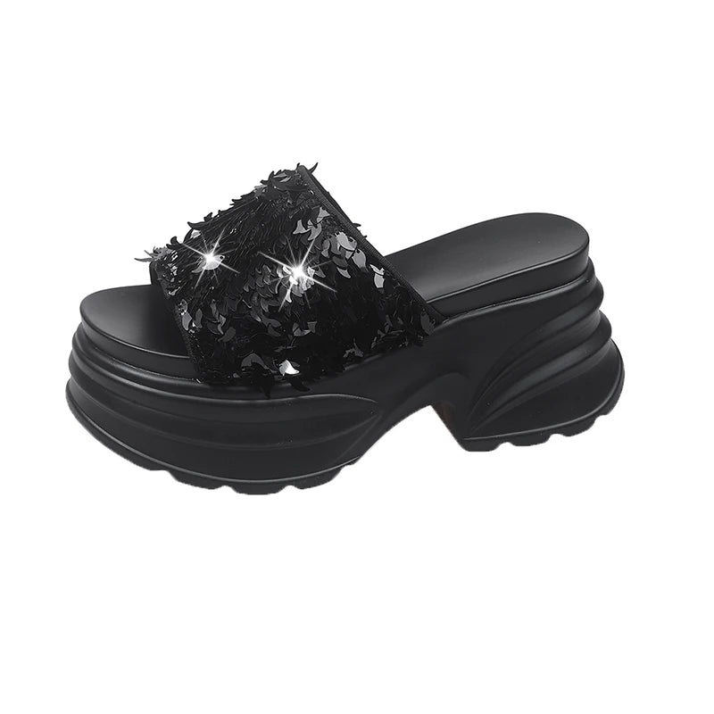 HIGH WEDGE SEQUIN LUX SANDALS