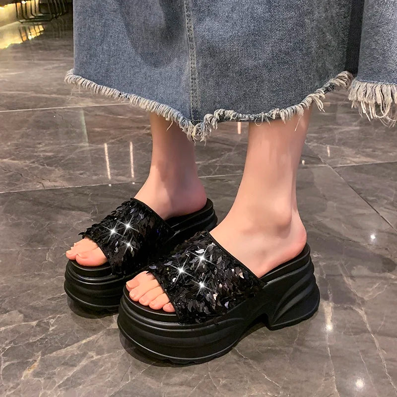 HIGH WEDGE SEQUIN LUX SANDALS