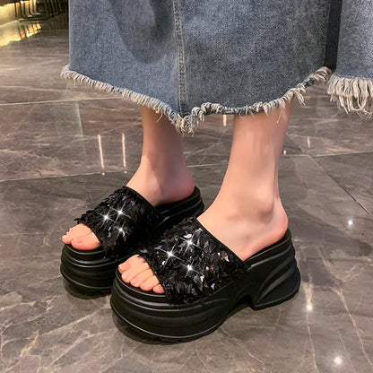 HIGH WEDGE SEQUIN LUX SANDALS