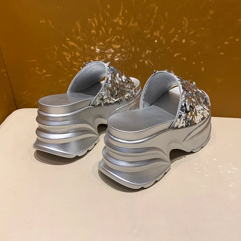 HIGH WEDGE SEQUIN LUX SANDALS