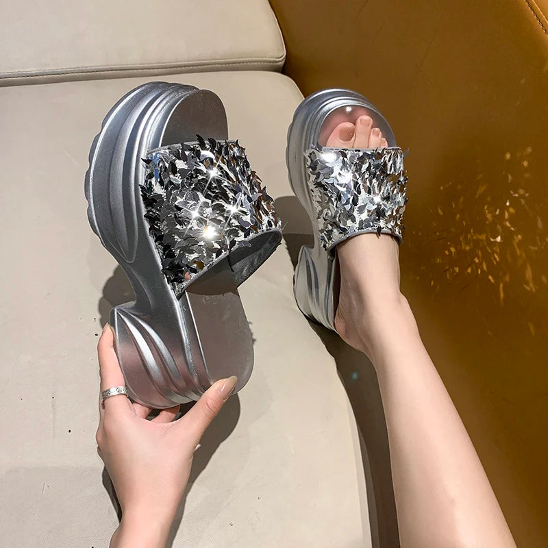 HIGH WEDGE SEQUIN LUX SANDALS