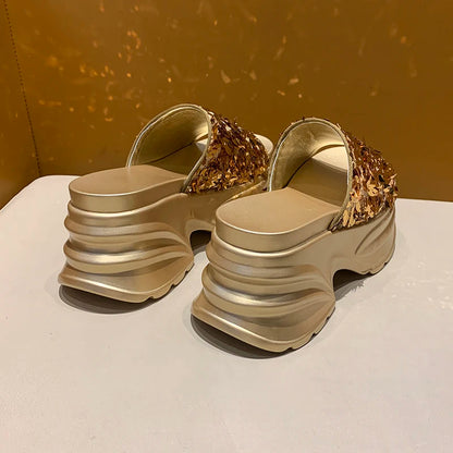 HIGH WEDGE SEQUIN LUX SANDALS