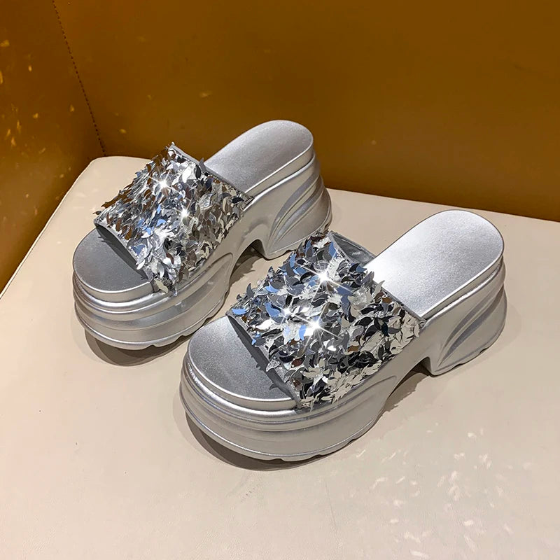 HIGH WEDGE SEQUIN LUX SANDALS