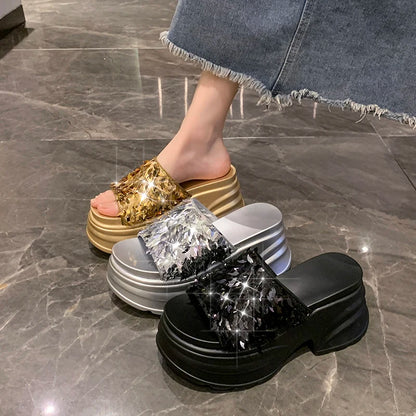 HIGH WEDGE SEQUIN LUX SANDALS